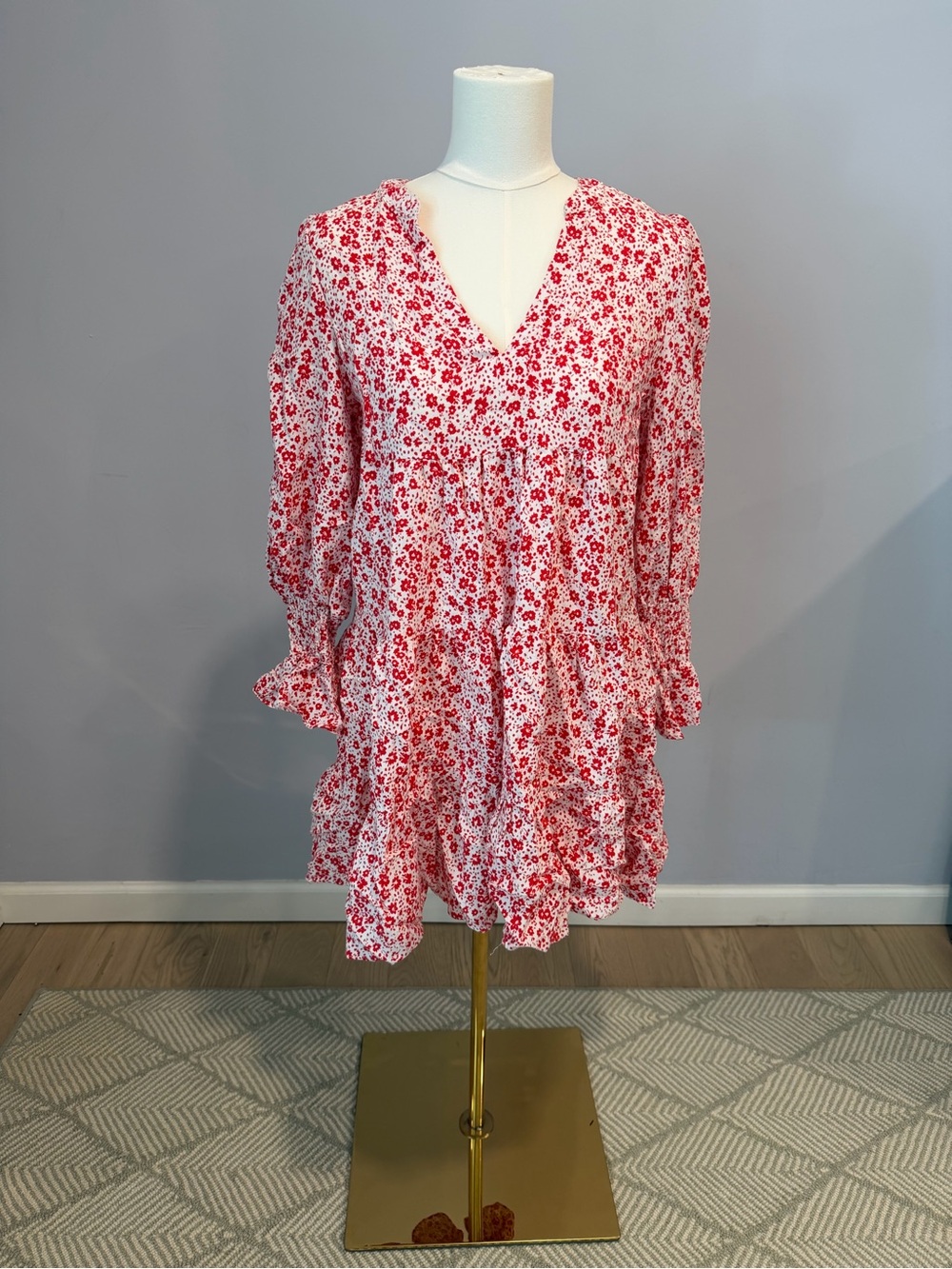 Pomander Place Tuckernuck Scarlet Ditsy Floral Tiered Mini Dress M